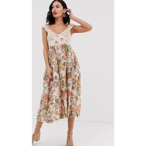 Free People Floral Midi Dress in Cream, Orange, Green